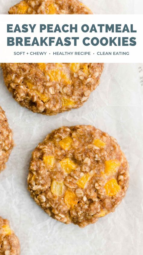 These healthy peach oatmeal breakfast cookies taste like peach pie! They’re soft, chewy & easy to make. You just need a handful of everyday ingredients! These healthy breakfast cookies are clean eating, low calorie & great for kids (or adults!). You can make them with fresh peaches or canned peaches — both work really well! Healthy breakfast cookies clean eating. Oatmeal breakfast cookies for kids. Breakfast cookies recipe low calorie. #oatmealcookies #healthyrecipes Healthy Peach Oatmeal, Breakfast Cookies For Kids, Eating Low Calorie, Clean Eating Oatmeal, Recipe Low Calorie, Peach Oatmeal, Fresh Peach Recipes, Oatmeal Breakfast Cookies, Breakfast Cookie Recipe