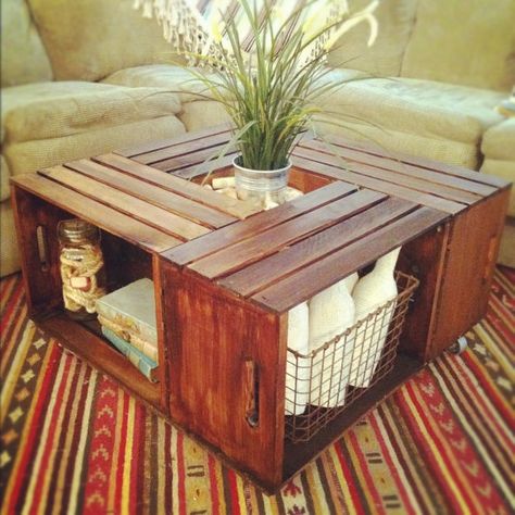 Coffee Table Made From Crates, Wine Crate Coffee Table, Wood Crate Coffee Table, Vintage Wood Crates, Table Palette, Crate Coffee Table, Traditional Coffee Table, Pallet Furniture Designs, Crate Table