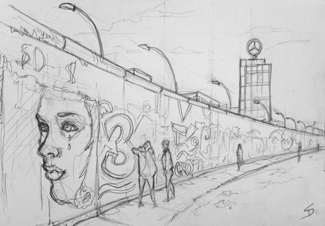 Quick Sketch - East Side Gallery, Berlin. A section of the Berlin Wall, with artwork on both sides. Germany Drawing Ideas, Berlin Wall Drawing, Wall Drawing Easy, Berlin Sketch, Berlin Drawing, Arch Of Titus, Ahri Wallpaper, Train Ticket, East Side Gallery