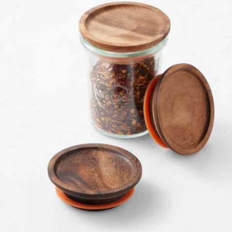 New Never Used Fit These Beautifully Grained Wooden Lids Atop Weck Juice, Mold And Tulip Jars For Easy-Open Alternatives To Metal-Clamped Glass Lids. They're Made Of Sustainably Sourced Acacia Wood With Natural Rubber Gaskets To Secure Snugly And Keep Content Fresh. Their Flat Surfaces Make Them Easy To Stack For Space-Saving Storage. Made Of Acacia Wood With Rubber Gasket For A Snug Fit. Offer Easy-Open Option For Weck Jars. Flat Surface Makes Them Ideal For Stacking. Small: 2 3/4" Diam.; Secur Williams Sonoma Kitchen, Juice Jar, Weck Jars, Water Bath Canning, European Kitchens, Wooden Cheese Board, Herb Tea, Clear Glass Jars, Canning Jars