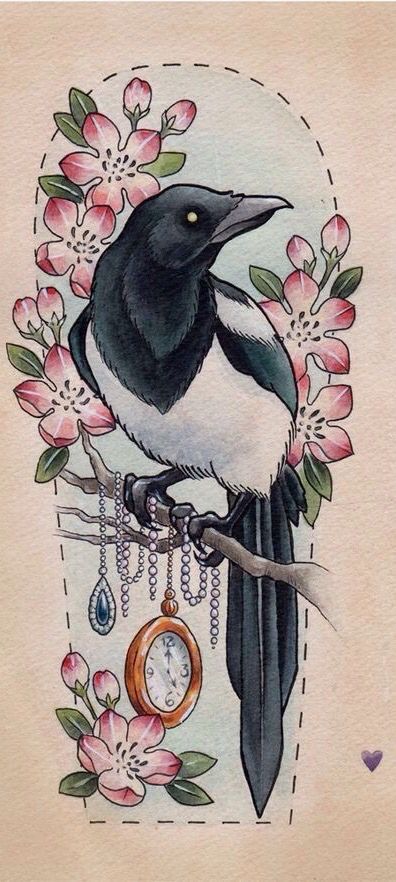 Magpie Art Drawings, Magpie Art Illustration, Magpie Tattoo Traditional, Magpie Drawing Simple, Magpie Tattoo Design, Neo Traditional Raven, Two Magpies Tattoo, Tattoo Magpie, Magpie Wallpaper