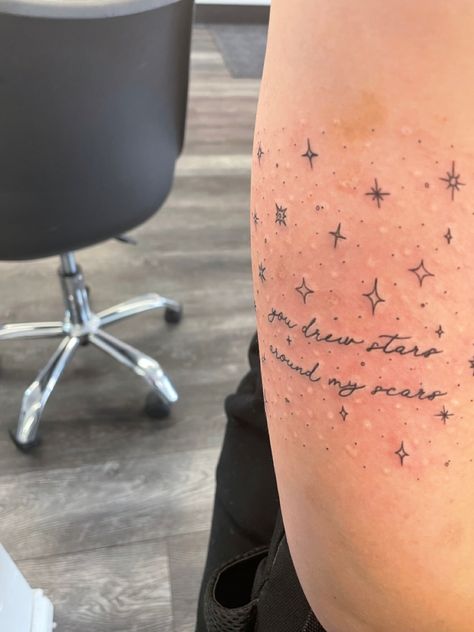 Stars Around Scar Tattoo Design, Taylor Swift Tattoo You Drew Stars, Timeless Taylor Swift Tattoo, Small Swiftie Tattoo, You Drew Stars Around Scars Tattoo Arm, Tattoos Around Scars, Taylor Swift Long Live Tattoo, Stars Around Scars, Tattoo For Scars