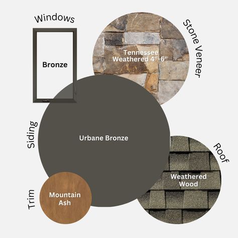 Earthy Mountain Home, Mountain Chalet Exterior Colors, Exterior Color Pallets For The Home, Siding And Stone Exterior Color Schemes, Mountain House Exterior Paint Colors, Lodge Color Palette, Ranch Exterior Color Schemes, Weathered Wood Roof, Cabin Exterior Color Schemes