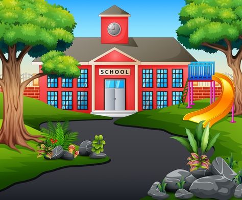 A road scene toward school building with... | Premium Vector #Freepik #vector #school-gate #cartoon-school #school-building #college-building Free Printable Invitations Templates, School Cartoon, Green School, Free Printable Invitations, Green Screen Video Backgrounds, School Building, Cartoon Background, Diy Creative Crafts, Graphic Editing