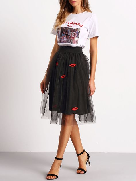 Shop Black Lips Embroidered Sheer Mesh Skirt online. SheIn offers Black Lips Embroidered Sheer Mesh Skirt & more to fit your fashionable needs. Mesh Skirt Outfit, Weird Clothing, Skirt Images, Black Lips, Closet Goals, Belted Shirt Dress, Mesh Skirt, Skirt Outfit, Looks Style