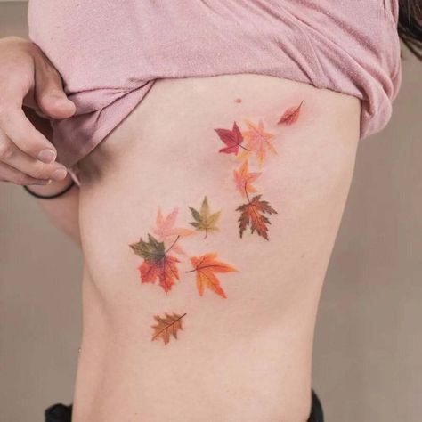 Fall Tatoos Autumn Leaves, Autumnal Tattoo Ideas, Tiny Leaves Tattoo, Fall Leave Tattoos, Fall Leaves Tattoo Autumn, Autumn Sleeve Tattoo, Autumn Inspired Tattoos, Leave Tattoo Ideas, Fall Tattoos For Women