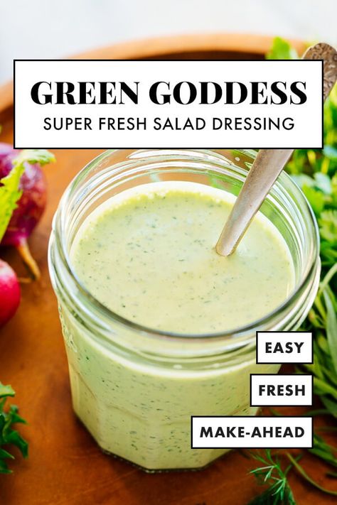 This homemade green goddess dressing is so easy to make! It's creamy, fresh, completely delicious—and a great way to use up your leftover leafy herbs! #greengoddess #salad #dressing #healthy #cookieandkate Green Goddess Dressing Recipe, Healthy Dressing Recipes, Goddess Dressing Recipe, Dressing Recipes Thanksgiving, Dressing Healthy, Completely Delicious, Salad Dressing Recipes Healthy, Goddess Dressing, Green Goddess Dressing