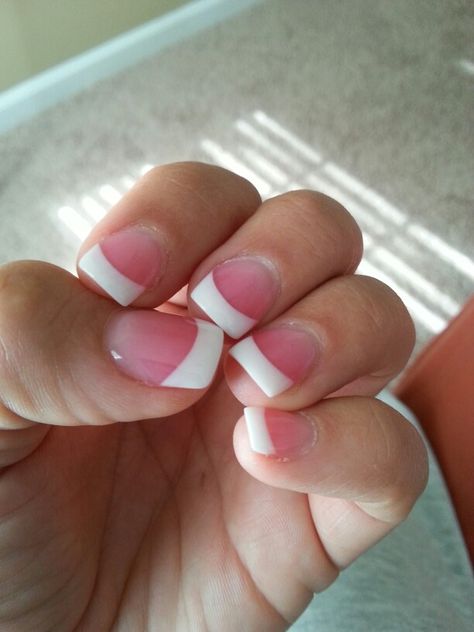 White Tip Pink Powder Nails, White Tip Pink Nails, Small White Tip Acrylic Nails, Pink And White Solar Nails French, Short Pink And White French Nails, White French Tip Dip Powder Nails, Short Pink And White Acrylic Nails French Tips, Pink And White French Tip Nails Square, Short Pink And White Nails French Tips