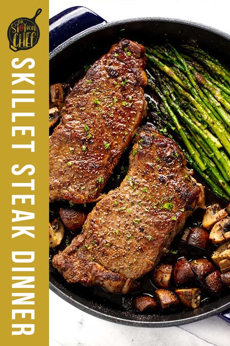 This Skillet Steak Dinner is an all in one recipe that not only teaches you how to cook the perfect steak, but adds in asparagus and mushrooms to make it a complete one skillet meal. #skilletsteakdinner #skilletmeal #steak Steak And Asparagus, Cook The Perfect Steak, Skillet Steak, The Perfect Steak, Stay At Home Chef, Cooking The Perfect Steak, Asparagus And Mushrooms, One Skillet Meals, Dinner Restaurants