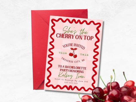 She’s the cherry on top🍒⬆️❤️ Link in our bio to shop this customizable template! Dirty Shirley Birthday Theme, Cherry Aesthetics, Cherry Birthday, Cherry Party, Dirty Shirley, Birthday 25, Hens Party Themes, Bride Cake, 24 Birthday