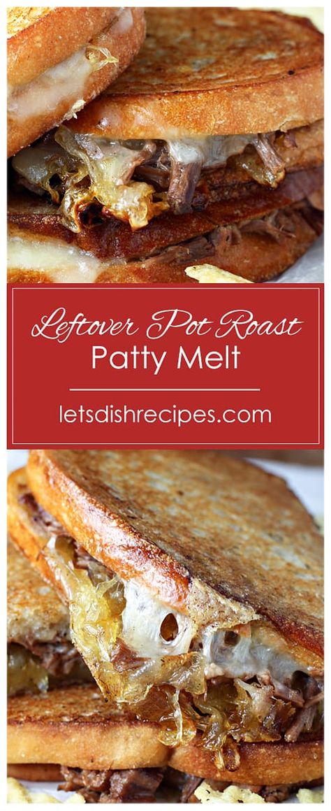 Leftover Pot Roast Patty Melts Recipe -- With a creamy mayo-steak sauce spread, grilled onions, and two kinds of cheese, you'll love these leftovers! #leftovers #sandwiches Cheap Casserole Recipes, Pot Roast Sandwiches, Patty Melt Recipe, Slow Cooker Shredded Beef, Leftover Pot Roast, Leftover Roast Beef, Leftover Steak, Leftover Beef, Patty Melt