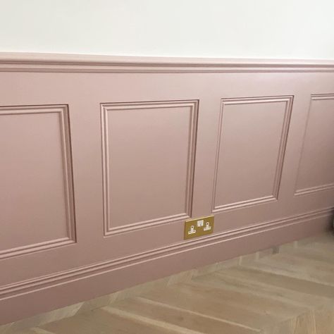 Light Pink Wall Panelling, Pink Hallway Panelling, Pink Panelled Walls, Pink Wall Panels, Mauve Trim White Walls, Blush Pink Panelling, Pink Media Wall, Pink Chair Rail, Pink Half Wall Bedroom