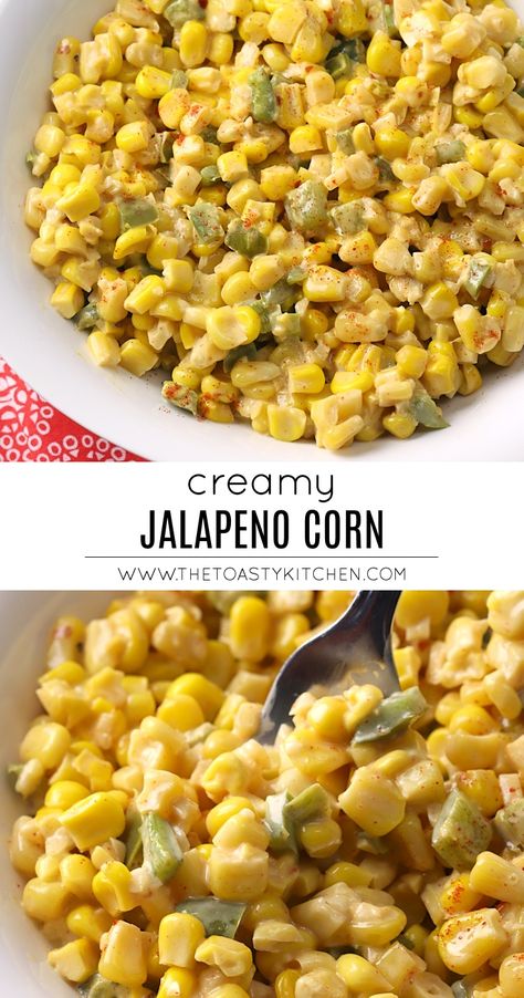 Creamy Jalapeño Corn by the Toasty Kitchen #corn #creamy #jalapeno #spicy #sidedish #homemade #fromscratch #recipe #easysidedish Cowboy Corn, Jalapeño Corn, Corn Side, Corn Recipes Side Dishes, Corn Side Dish, Creamed Corn Recipes, Creamy Jalapeno, Blackstone Recipes, Spicy Corn