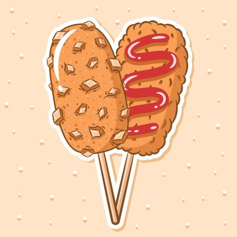 tokkebi gamja hotdog korean style drawing sticker Corn Dog Drawing, Corndog Illustration, Corndog Drawing, Corndog Logo, Korean Style Drawing, Korean Food Drawing, Korean Hotdogs, Snacks Drawing, Logo Design Cartoon