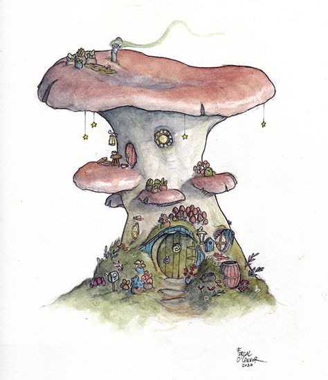 Mushroom Home, 동화 삽화, Little Mushroom, Mushroom Drawing, Cat Air, Mushroom House, Hur Man Målar, Lukisan Cat Air, Watercolor Art Lessons