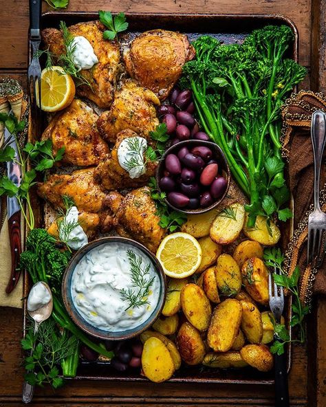 Thursday Comfort. Lemon-Oregano Chicken, Roasted Spuds, Broccolini, Tzatziki. All on the @traegergrills. Also, Muskoka, you’re beautiful.… Broccolini Roasted, Dennis Prescott, Oregano Chicken, Crispy Chicken Thighs, Party Food Platters, Food Platters, Crispy Chicken, Food Presentation, Marinara