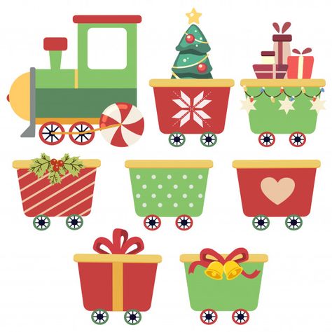 Collection of cute train with wagons Pre... | Free Vector #Freepik #freevector #freechristmas #freechristmas-tree #freetree #freewinter Christmas Train Drawing, Christmas Train Illustration, Train Illustration, Holiday Train, Cute Vector, Tree Winter, Vector Christmas, Christmas Train, Free Christmas