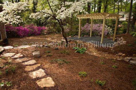 Here is what you can do with a mostly shady backyard.  Get rid of the grass and make it a place to enjoy. Shady Backyard Ideas, Shady Backyard, No Grass Backyard, Backyard Shade, Sloped Garden, Fall Planters, Back Gardens, Clipboard, The Grass