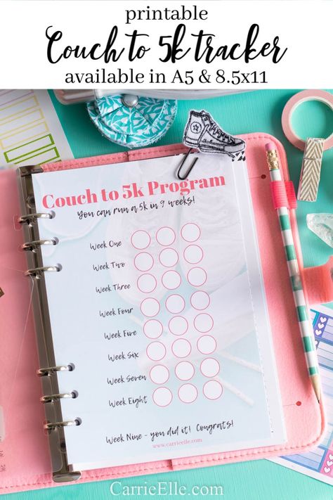 Printable C25K (Couch to 5K) tracker available in both A5 and 8.5x11 #couchto5k #c2k5 #plannerprintables #plannerinserts #a5planner Couch To 5k Printable, Organizing Printables, A5 Planner Printables, Fitness Tracker Printable, Printable Tracker, Free Printables Organization, Bullet Journel, Couch To 5k, Bullet Journal Tracker