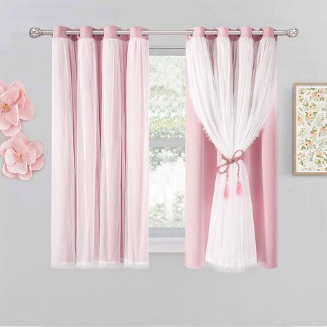 PRICES MAY VARY. PACKAGE INFORMATION: Package includes 2 pieces of double-layer pink curtains. The curtains come with 2 tie-backs. Each panel has a crushed sheer layer over a blackout curtain measuring 52"W x 54"L with 8 silver grommets(1.6-inch inner diameter)top. UNIQUE DESIGN: Crushed sheer layer with unique lace seam design and covered with one blackout curtain panel features a dreamy and romantic look to liven up any home decor and give you versatile layer options. EXCELLENT FUNCTIONS: The Pink Drapes, Cute Window, Short Window Curtains, Curtains Pink, Pink Blackout Curtains, Light Blocking Curtains, Classy Bedroom, Pink Curtains, Short Curtains