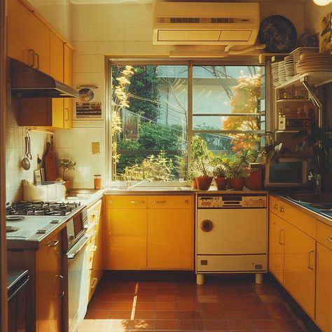 Step into this delightful 1960s Tokyo kitchen in a small modernist house. Bathed in warm yellow hues and sunlight, it’s cozy and inviting. Perfect for vintage and minimalist design lovers ��🪴💕 #1960shouse #tokyoarchitecture #suburbia #yellowinterior #architecturephotography #yellowaesthetic 60 Kitchen Retro, 70s Tiles Kitchen, 70s Interior Design Kitchen, 70s Kitchen Aesthetic, 70s Home Aesthetic, 70s Aesthetic Home Decor, Retro Home Design, 70’s Interior Design, Retro Kitchen Ideas