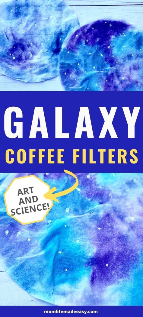 Galaxy Coffee Filter Craft, Coffee Filter Galaxy, Coffee Filter Watercolor Art, Space Art Crafts For Preschool, Galaxy Handprint Art, Space Art For Kindergarten, Preschool Galaxy Art, Galaxy Painting Preschool, Space Arts And Crafts For Toddlers