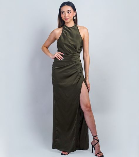 Guess What!….. Some of our bestsellers are now on sale! This Labor Day weekend get 25% off hundreds of styles online and in-store. This is the perfect opportunity for you to find something you love ❤️! Dark Forest Green Bridesmaid Dresses, Olive Green Formal Dress, Satin Drape Dress, Halter Dress Formal, Green Halter Dress, Drape Gown, Evening Gala, Green Formal Dresses, Green Bridesmaid