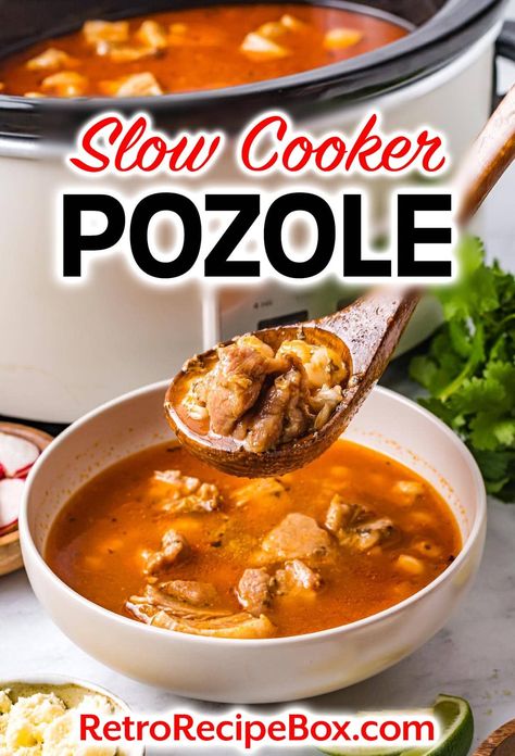 Slow Cooker Pozole is rich pozole with a rich broth made with chilis, this is made simpler with a delicious red enchilada sauce. You will be sure to please your family with the flavorful Posole soup full of tender pork and hominy. retrorecipebox.com hominy recipe, Mexican soup recipe, pork stew Easy Crockpot Pozole Recipe, Pozole Soup Mexican Posole, Easy Crockpot Posole, Crockpot Posole Pork Slow Cooker, Pasole Recipe Slow Cooker, Easy Pozole Recipe Chicken Crock Pot, Crockpot Pazole Recipe, Slow Cooker Pork Posole, Easy Beef Pozole Recipe