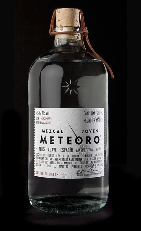 Mezcal Meteoro Mezcal Brands, Alcohol Packaging, Drink Labels, Alcohol Bottles, Packaging Labels Design, Beverage Packaging, Gin Tonic, Bottle Packaging, Liquor Bottles