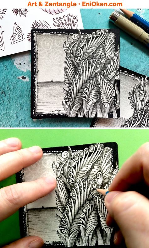 Learn to understand and tangle the pattern Phossil while creating a beautiful landscape picture. Zentangle video lesson by Eni Oken, CZT Beautiful Landscape Pictures, Doddle Art, Zentangle Artwork, Doodles Zentangles, Landscape Pictures, Zen Doodle, Zentangle Art, Zentangle Patterns, Art Club