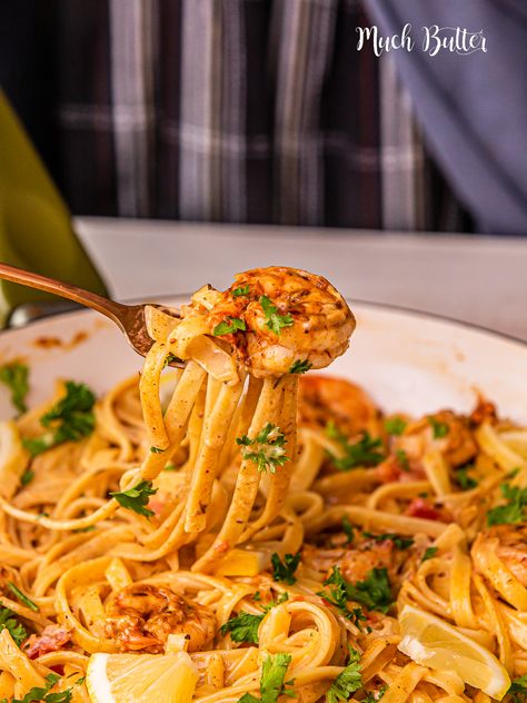 Cajun Shrimp Fettuccine Pasta - Much Butter Cajun Shrimp Fettuccine, Cajun Seafood Pasta, Cajun Chicken Fettuccine, Chicken Fettucine, Crawfish Pasta, Fettuccine Recipes, Shrimp Fettuccine, Cajun Shrimp Pasta, Cajun Seafood