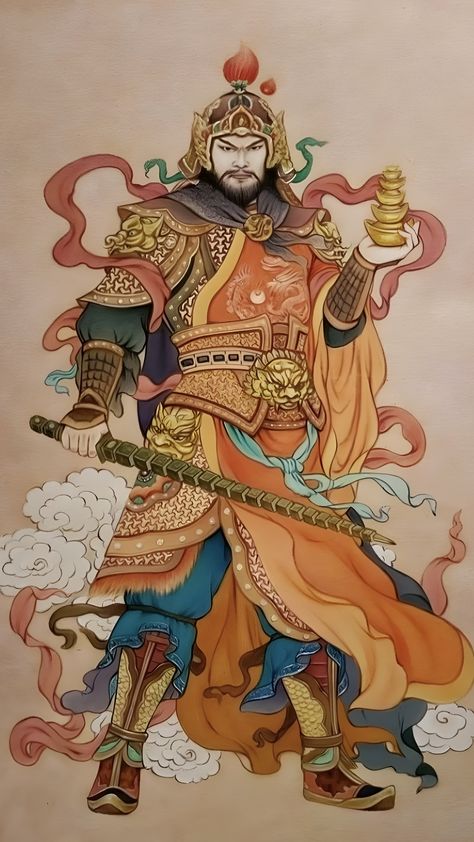 Bishamonten Tattoo, Chinese God, Warrior Paint, Chinese Armor, Chinese Folk Art, Guan Yu, Chinese Warrior, Japan Tattoo Design, Chinese Art Painting