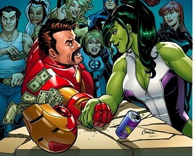 She-Hulk vs. Iron Man - Amanda Conner Arm Wrestling Drawing, Female Marvel Superheroes, Mark Millar, Arm Wrestling, Todd Mcfarlane, Strong Female Characters, Mary Sue, Pop Art Comic, Hulk Marvel