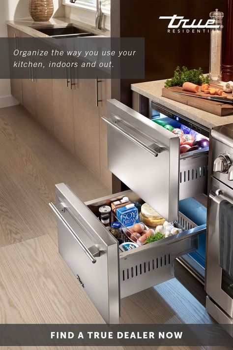 With over 5.4 cubic feet of storage space, refrigerator drawers are the ideal addition to your indoor or outdoor space.  #kitchen #kitchenremodel #remodel #kitchendesign #kitchendecor #kitchenideas Cabinet Refrigerator, Under Counter Fridge, Small Kitchen Cabinets, Outdoor Kitchen Appliances, Refrigerator Drawers, French Country Kitchens, Tuscan Design, Apartment Kitchen, Outdoor Kitchen Design