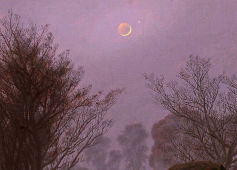 A Walk at Dusk (detail) Caspar David Friedrich ca.1830-35 Purple Sky With Moon, Jin Core, David Friedrich, Sense Of Sight, Caspar David Friedrich, Good Night Moon, History Pictures, Purple Sky, Aphrodite