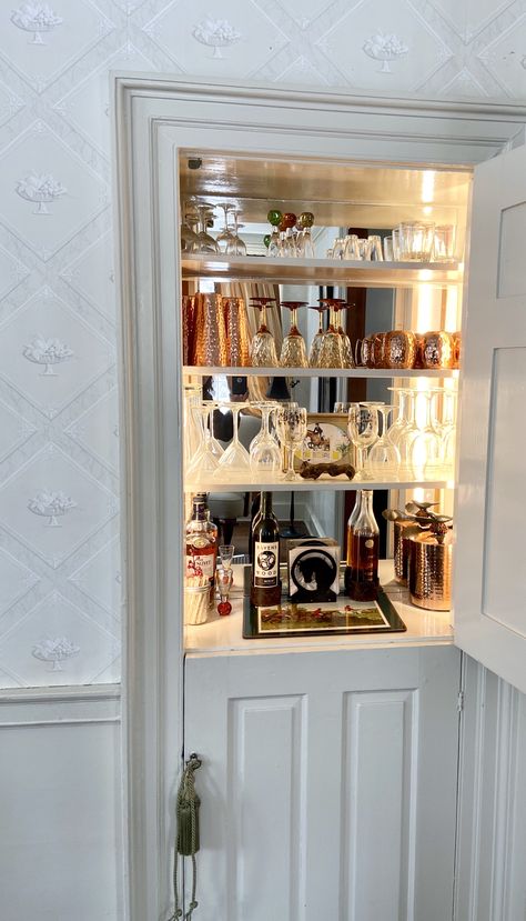 Mirror Backed Cabinet, Open Shelf Liquor Cabinet, Mirror Backed Shelving, Locked Alcohol Cabinet, Lockable Liquor Cabinet, Liquor Cabinet Aesthetic, Liquor Bookshelf, Closet Into Bar, Liquor Cupboard