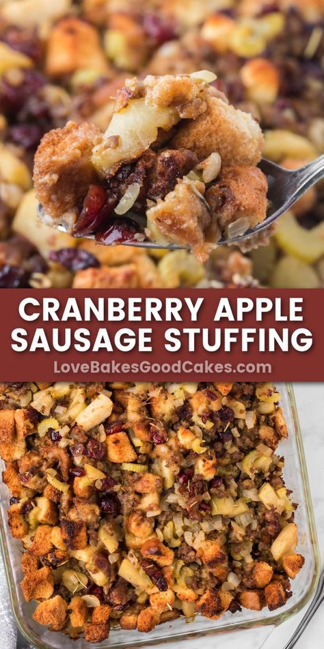 Cranberry Apple Sausage Stuffing pin collage Apple Sausage Stuffing, Sausage Stuffing, Cranberry Apple, Apple Sausage, Thanksgiving Stuffing, Sweet Italian Sausage, Apple Cranberry, Stuffing Recipes, How To Cook Sausage