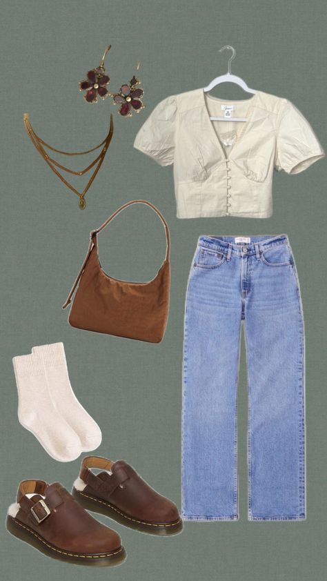 #trendy #summer #spring #cottagecore #cabincore #cottage #granola #granolagirl #farmersmarket #cream #brown #docmartens #jeans #blouse #baggu Spring Cottagecore, Cabin Core, Jeans Blouse, Granola Girl, Doc Martens, Dream Clothes, Granola, Cottage, Spring Summer