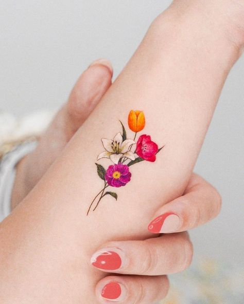 Small Colorful Tattoos, Colorful Flower Tattoo, Small Forearm Tattoos, Beautiful Flower Tattoos, Tattoos For Women Flowers, Tatuaje A Color, Wrist Tattoos For Women, Blossom Tattoo, Cherry Blossom Tattoo