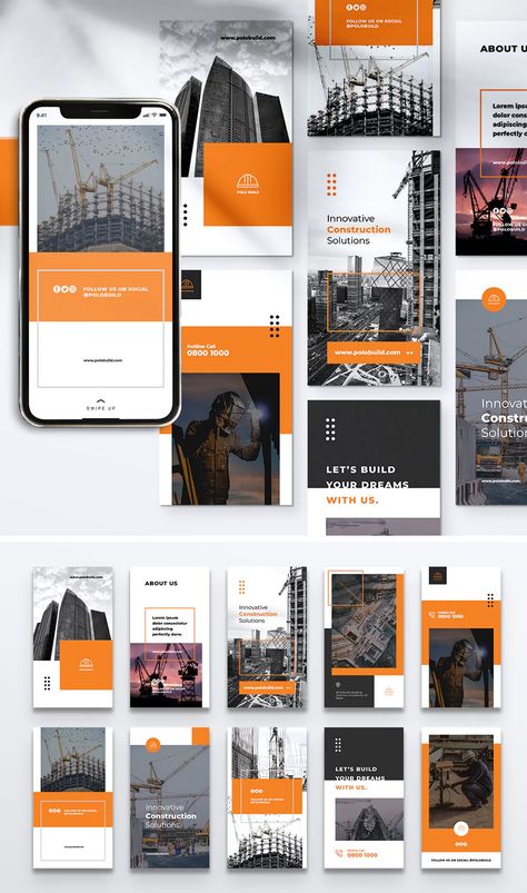 Construction Instagram Stories Templates PSD Website Branding Design, Social Media Branding Design, Inspiration Logo Design, Instagram Template Design, Social Media Planner, Social Media Design Inspiration, Branding Website Design, Instagram Feed Ideas, Social Media Branding