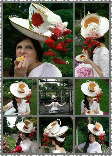 Crazy Tea Party Hats, Creative Hats Diy, Creative Hat Ideas, Hat Contest Ideas, Tea Cup Costume, Tea Party Hats Diy, Teacup Costume, Crazy Hat Day Ideas For Adults, Diy Crazy Hat