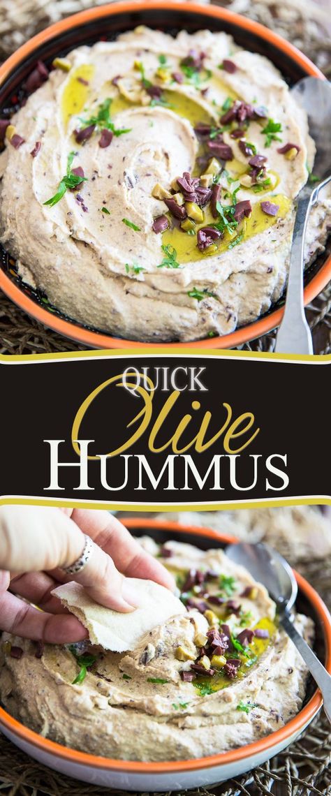 Quick Olive Hummus | The Healthy Foodie Fall Hummus, Olive Hummus Recipe, Olive Hummus, Chickpea Spread, Hummus Appetizers, Olive Sauce, Processor Recipes, Hummus Recipe Homemade, Garlic Hummus