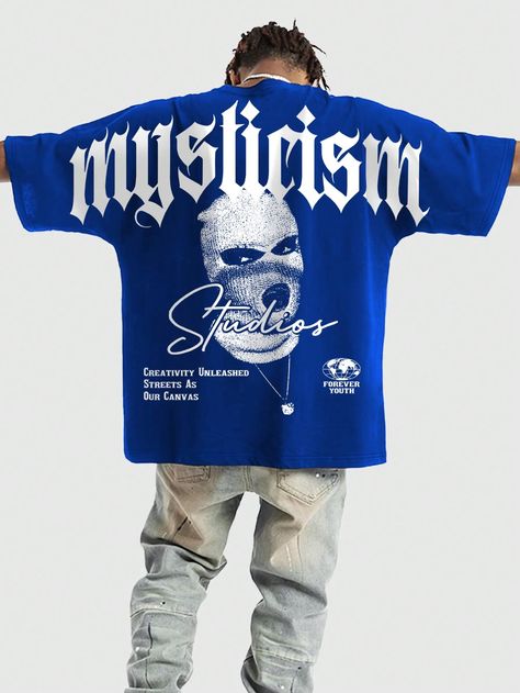 Royal Blue Casual Collar Short Sleeve Knitted Fabric Animal,Figure,Halloween,Letter  Embellished Slight Stretch  Men Clothing Street Wear 2024, Street Wear Tshirt, Cool Tshirt Designs, Halloween Letras, Oversize Sleeves, African Clothing For Men, Street Life, Guys Clothing Styles, Azul Real