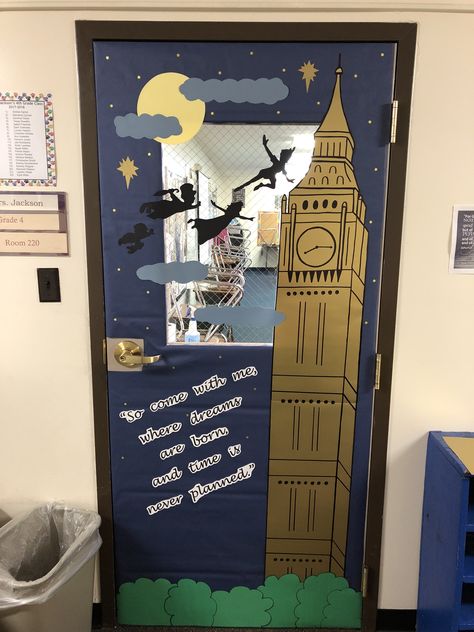 Peter Pan inspired door decoration. Peter Pan Bulletin Board Ideas, Peter Pan School Decorations, Once Upon A Time Door Decoration, Peter Pan Office Decorations, Cinderella Classroom Door, Fairytale Door Decoration, Disney School Door Decorations, Peter Pan Classroom Door, Disney Teacher Door Decorations