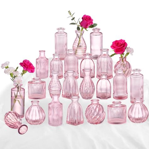 PRICES MAY VARY. [Pink Vases in Bulk 24] - The small pink vase in bulk come with 2 sets of 12 different designs of ribbed glass vases for flowers (please refer to the size chart). They are cute bud vases for decor. The pink collections offer a variety for small arrangements, add an extra pretty cute touch to anywhere, especially for wedding centerpieces. [Pink Vase for Wedding Centerpieces] - These vintage glass vases are perfect wedding decoration vases for single flower arrangements, stems, ca Blush Bridal Shower Table Decor, Pink Flower Vases, Shades Of Pink Baby Shower Ideas, Pink White And Gold Party Decoration, Table Centerpieces For Birthday Party, Pink Brunch Decor, Flower Theme Baby Shower Decor, Valentine Table Centerpieces, Pretty In Pink Bridal Shower Ideas