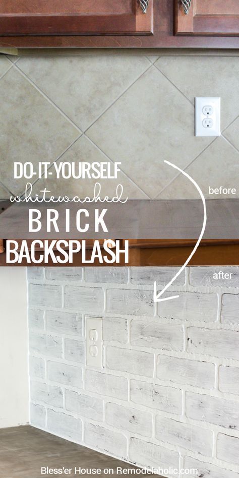 This whitewashed (faux) brick backsplash is the perfect EASY way to cover up a dated tile backsplash. I love how it looks in Lauren's finished white farmhouse kitchen! Tutorial on Remodelaholic.com Backsplash Brick, Farmhouse Kitchen Diy, Faux Brick Backsplash, White Farmhouse Kitchen, Brick Backsplash Kitchen, Farmhouse Kitchen Backsplash, Diy Kitchen Backsplash, Look Wallpaper, Brick Backsplash