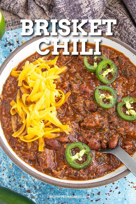 This brisket chili is bursting with fire-roasted tomatoes, a flavorful blend of spices, and tender chopped brisket, hearty comfort with every bite. Chopped Brisket Recipes, Beef Brisket Chili, Brisket Chili Recipe, Smoked Brisket Chili, Brisket Crock Pot, Slow Cooker Brisket, Brisket Chili, Best Chili Recipe, Spicy Chicken Recipes