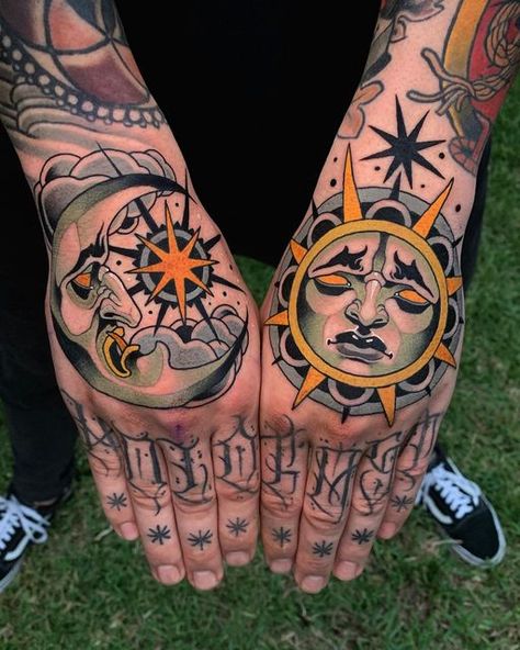 Sun Moon Tattoos, Traditional Sun Tattoo, Traditional Hand Tattoo, Neo Tattoo, Traditional Tattoo Inspiration, Autumn Tattoo, Funky Tattoos, Hand And Finger Tattoos, Moon Tattoos