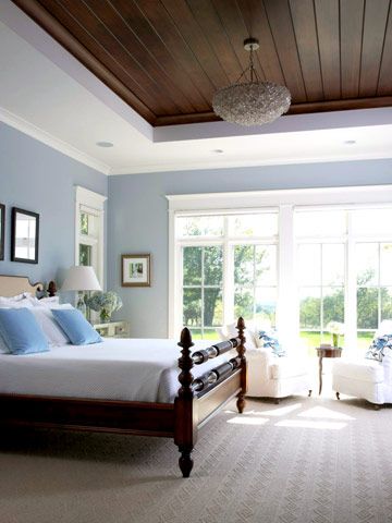 Serene Master Bedroom Wood Ceiling Bedroom, Dark Wood Bed, Wood Plank Ceiling, Plank Ceiling, Blue Ceilings, Wooden Ceiling, Wood Ceiling, Tudor House, Bedroom Ceiling