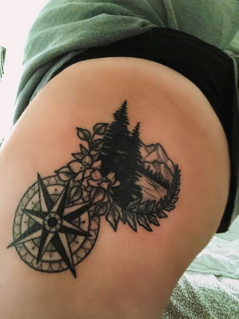 Nature Thigh Tattoo, Upper Leg Tattoos, Thigh Tat, Leg Tattoos Women, Nature Tattoos, Thigh Tattoo, Compass Tattoo, Leg Tattoos, Tattoos For Women